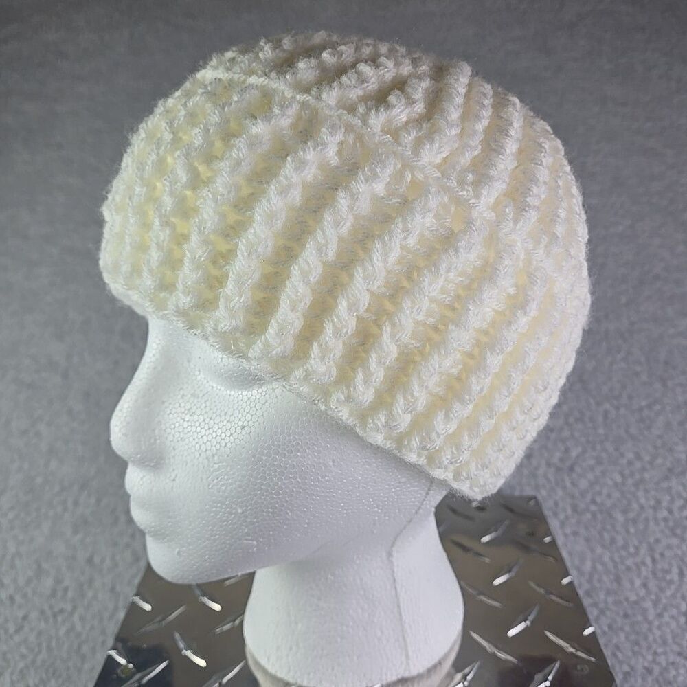 Handmade Knit Beanie Hat OSFM White